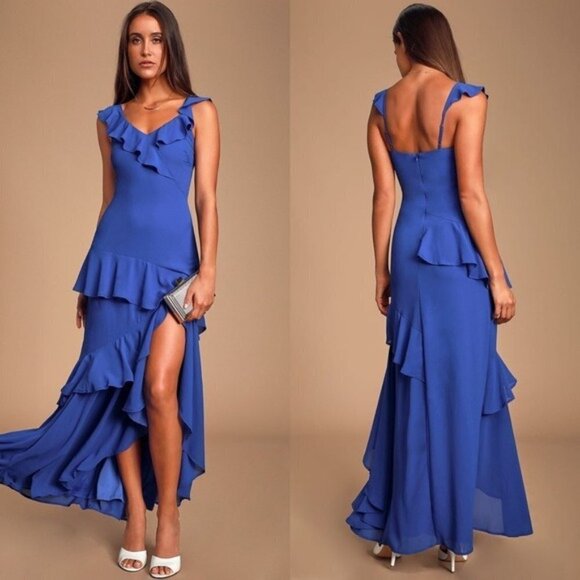 NWT Lulu’s Calle Royal Blue Ruffled Maxi Prom Wedding Guest Gown XS - Picture 1 of 8